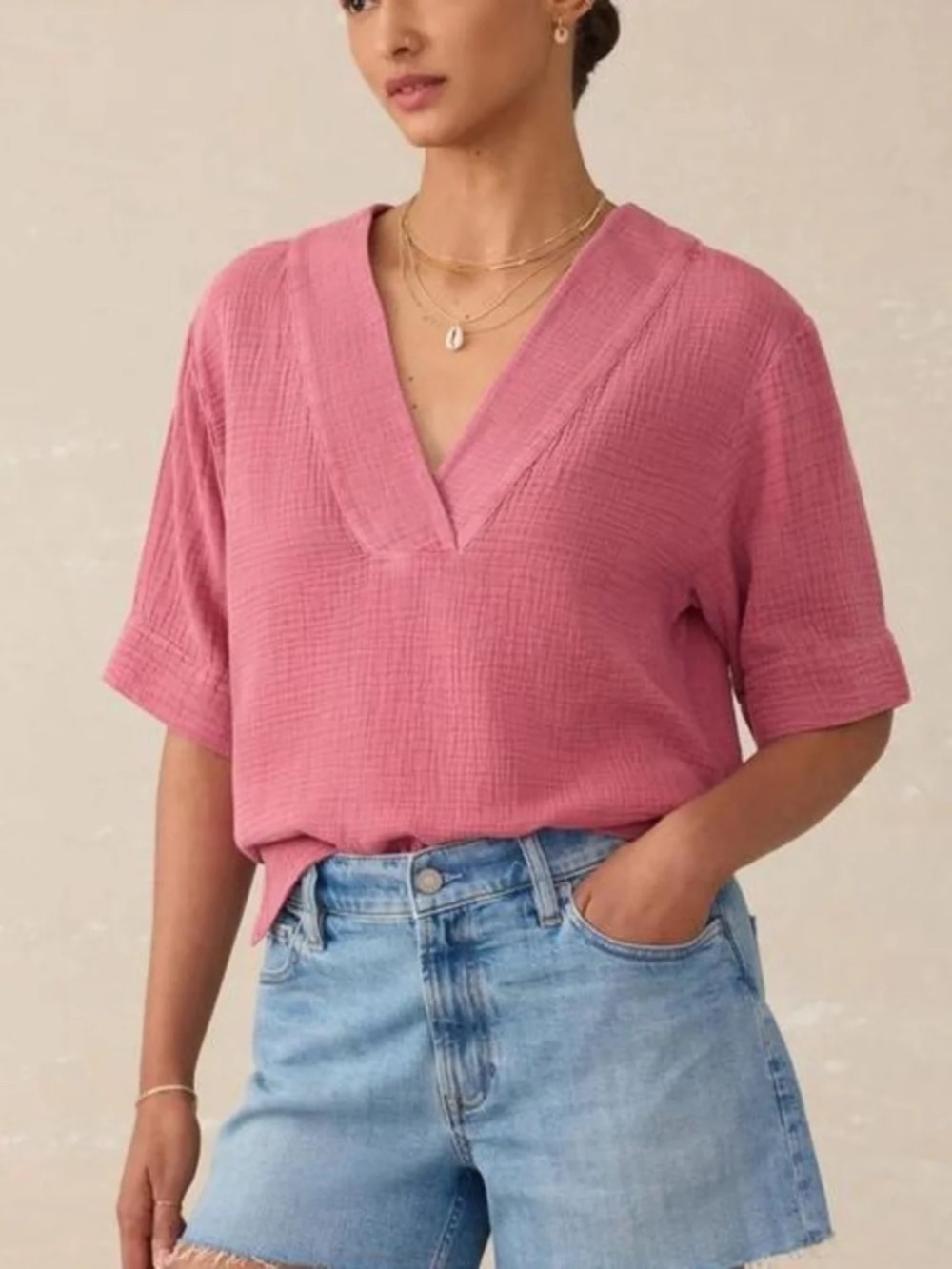 Faherty Dune Organic Cotton Boho Gauze Popover V-Neck Blouse Top L Pink/Coral